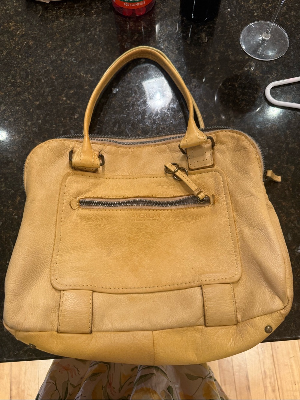 American Vintage Mustard Leather Tote with Front Zip Pocket